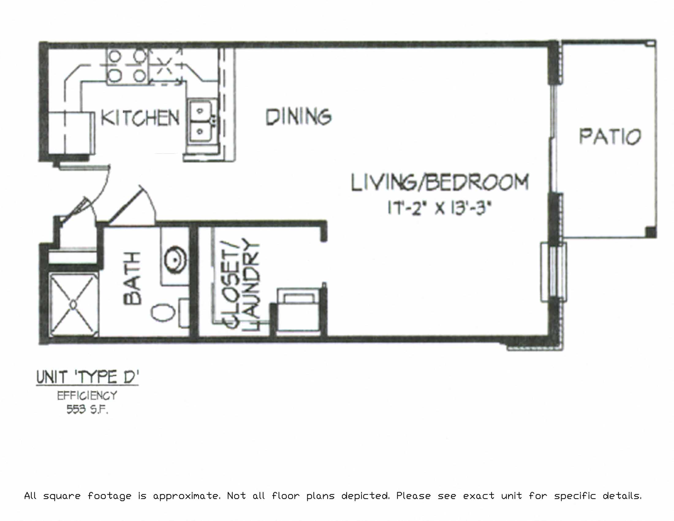 Floor plan for studio, 1 bath, 553 sqft